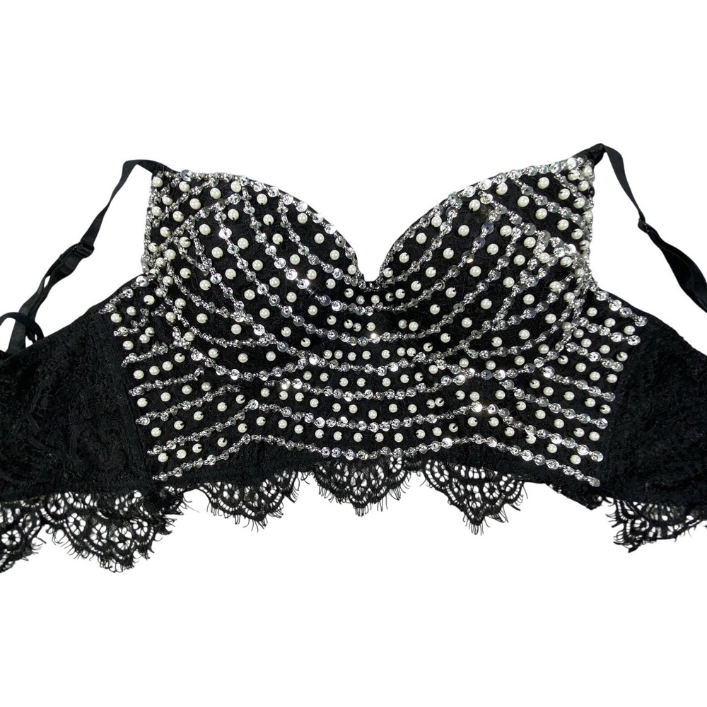 Windsor Bustier Crop Top Small Black Pearl Rhinestone Coquette Glam Lace Gothic